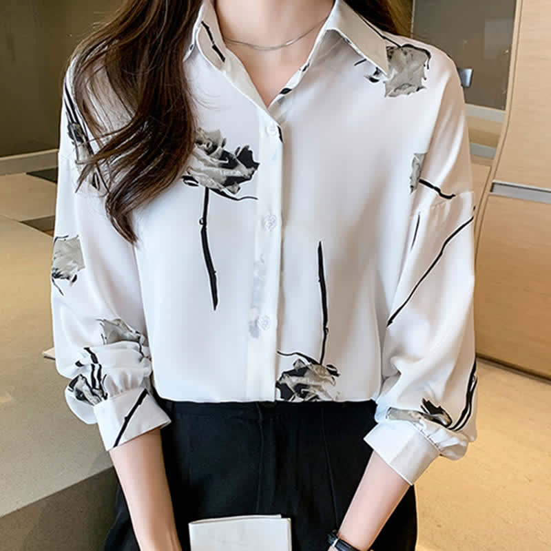 Rose Print Lapel Satin Shirt modakawa