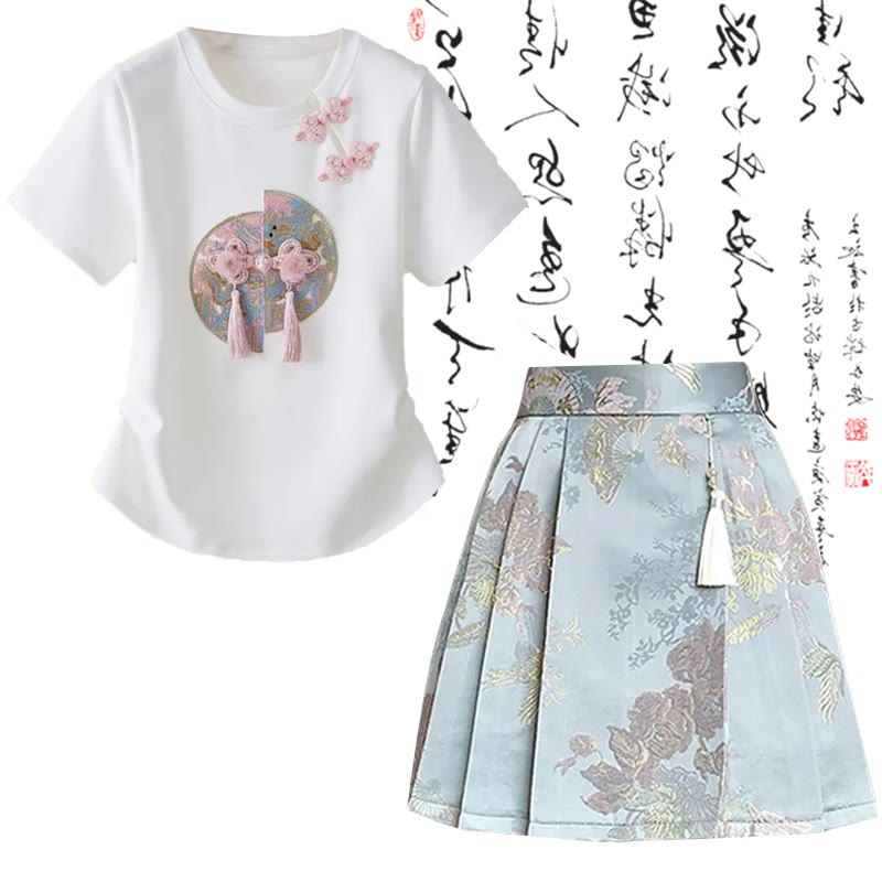 Sweet Print T-Shirt High Waist Pleated Skirt modakawa