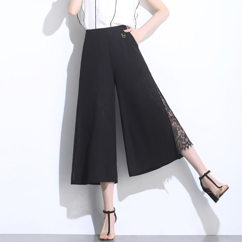 Elegant Black Lace Stitching Wide Leg Pants modakawa