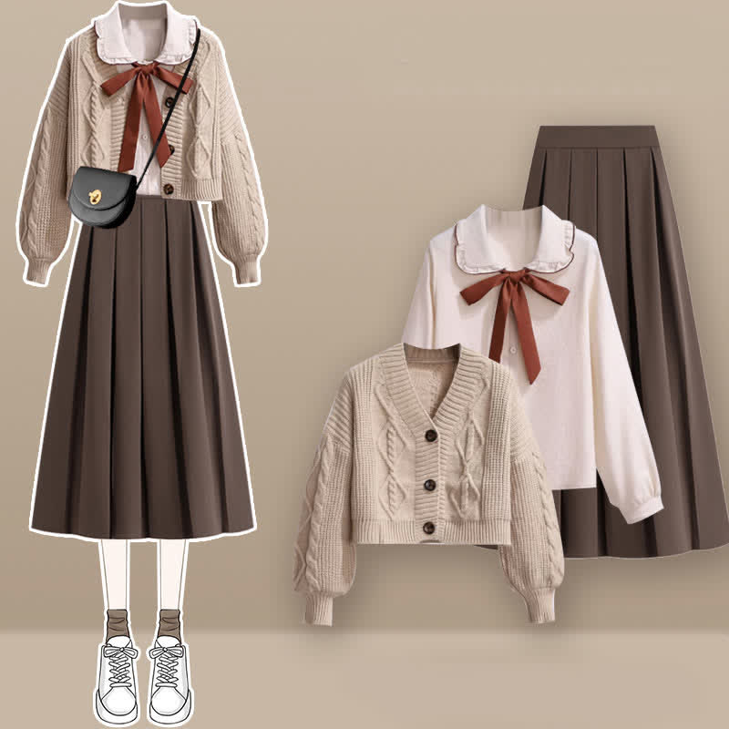 Sweet Cardigan Sweater Bow Tie Shirt Pleated Skirt Set modakawa