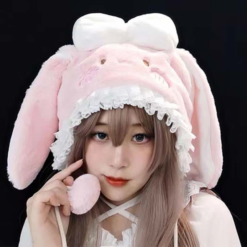 Pink Bowknot Decor Lolita Bunny Ears Plush Hat modakawa