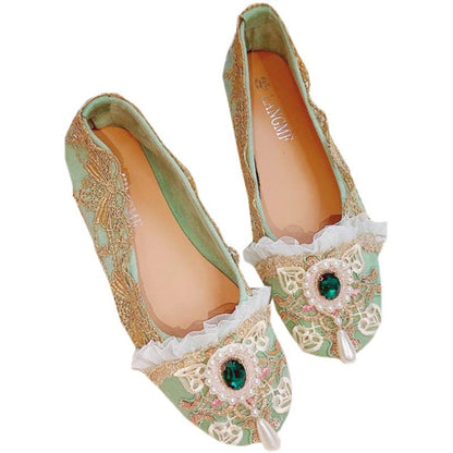 Vintage Lace Pearl Rhinestone Flat Shoes Modakawa