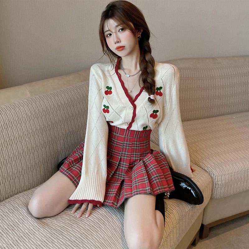 Cherry Embroidery Sweater Plaid Skirt Set Modakawa