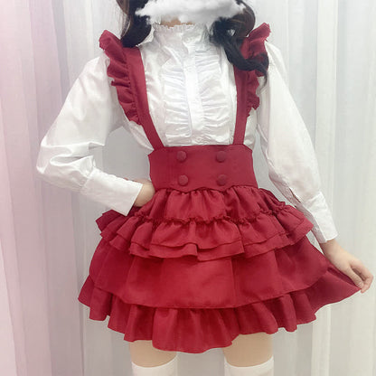 Lolita Red Button Ruffled Shirt Bubble Overalls Skirt Set Modakawa