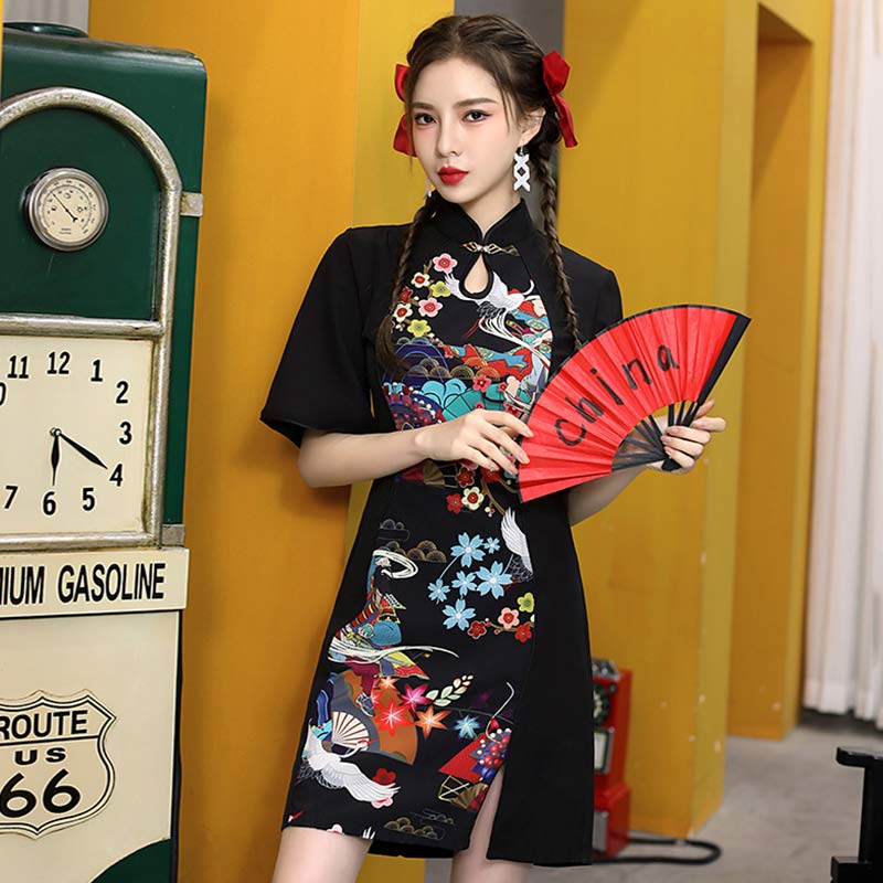 Charming Colorful Print Short Sleeve Cheongsam Dress modakawa