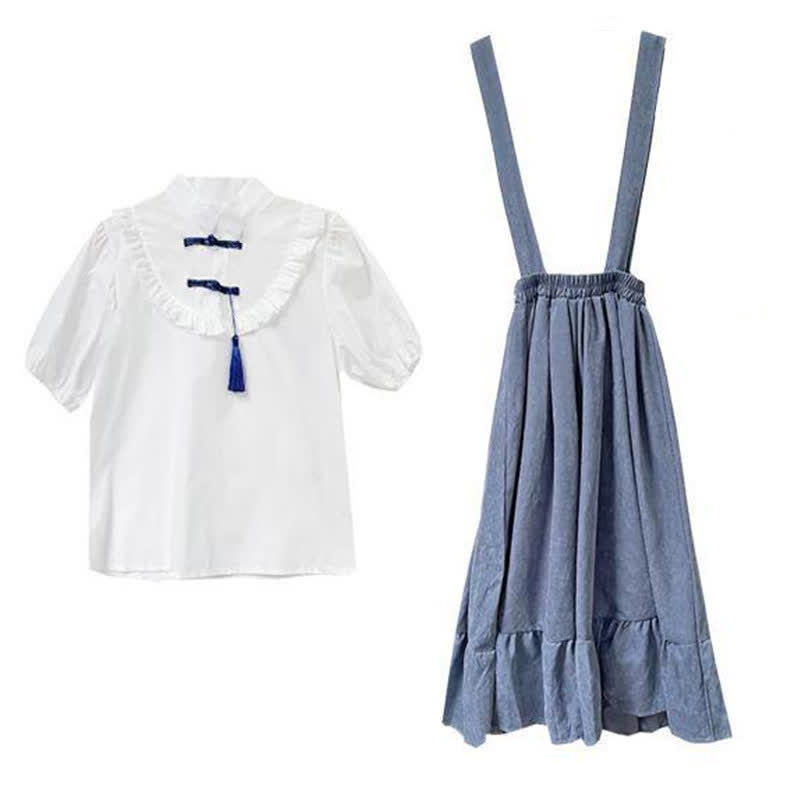 Vintage Buckle Tassel T-Shirt Suspender Skirt Set modakawa