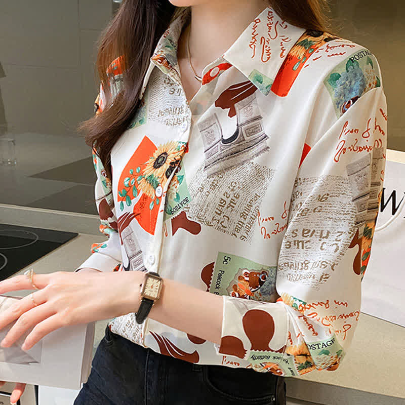 Chic Floral Letter Print Chiffon Shirt Workwear modakawa