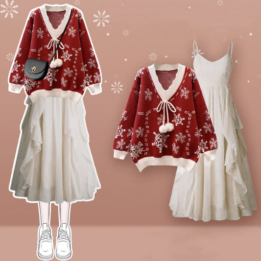 Snowflake Print Fuzzy Ball Sweater Flouncing Slip Dress modakawa