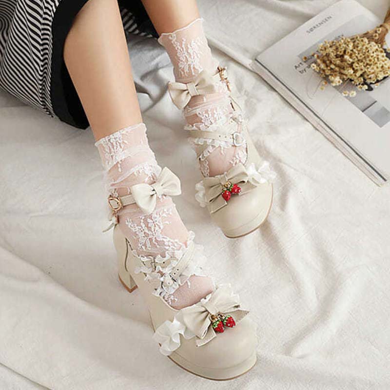 Kawaii Lace Bow Lolita Kitten Heel Mary Janes Shoes Modakawa