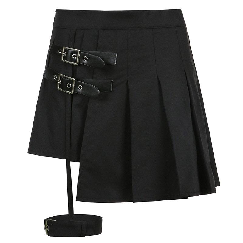 Y2K Buckle Leg Ring Mini Pleated Skirt Modakawa