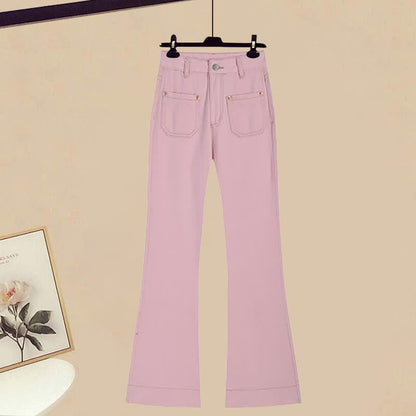 Puff Sleeve Shirt Flared Pink Denim Pants Set modakawa