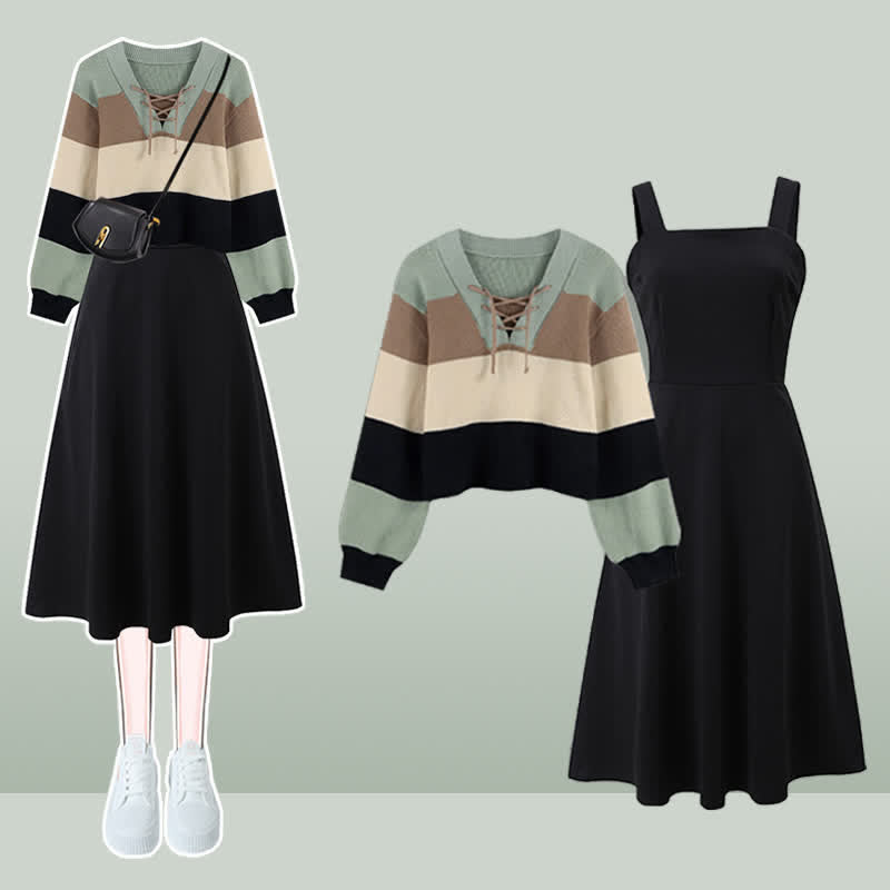 Colorblock Stripe Lace Up Sweater Slip Dress modakawa