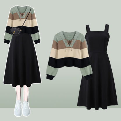 Colorblock Stripe Lace Up Sweater Slip Dress modakawa