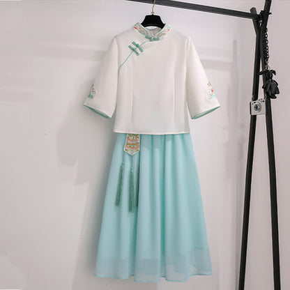 Vintage White Hanfu Buckle Shirt Tassel Skirt modakawa