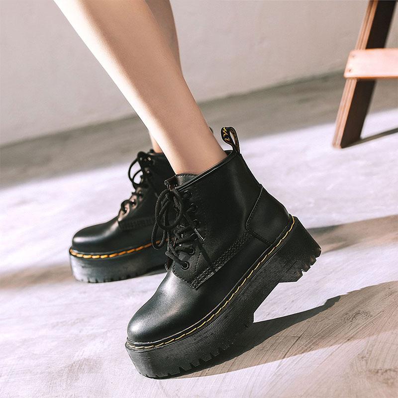 Leather Platform Lace Up Round Toe Martin Boots Modakawa