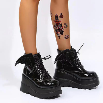 Black Punk Goth Wings Lace Up High Wedge Boots modakawa