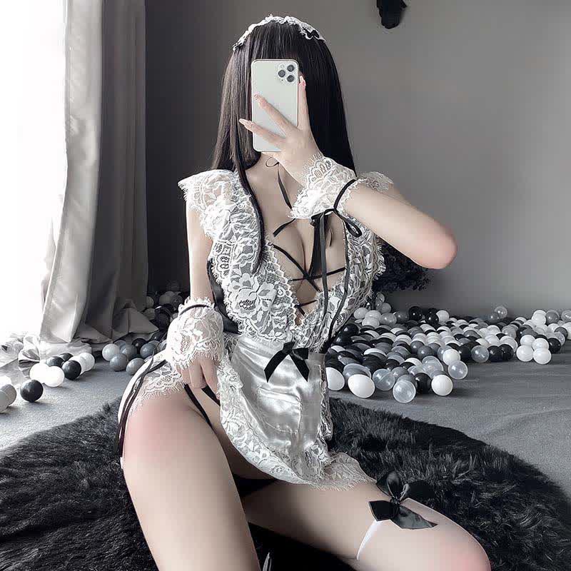 Cosplay Black Bow Maid Deep Lace Lingerie Dress Modakawa