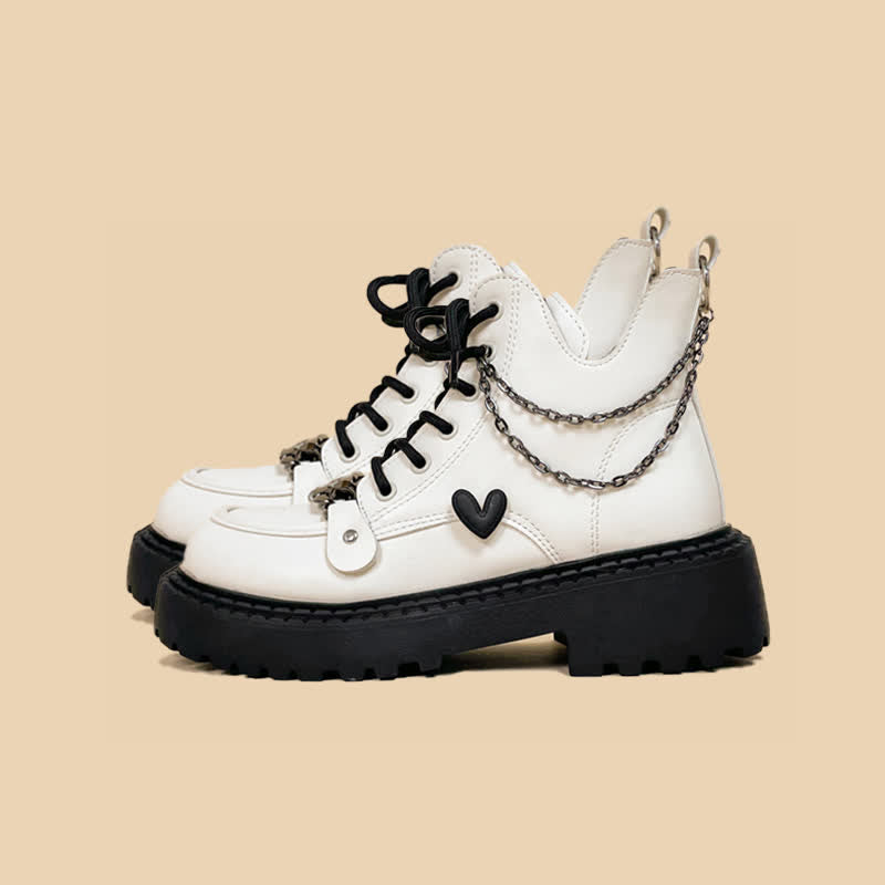 Chain Decor Love Heart Platform Round White Toe Boots modakawa