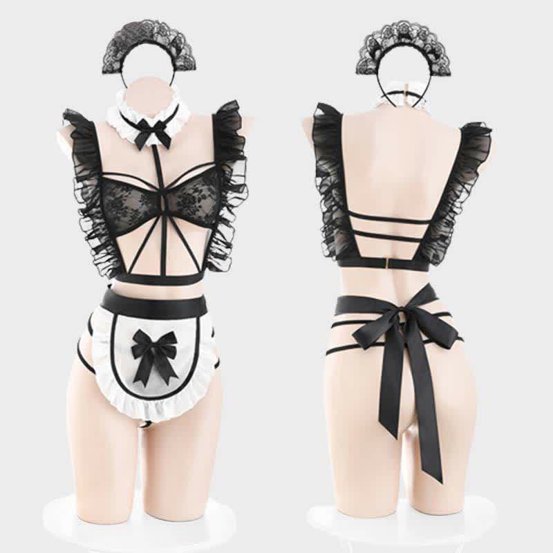 Ruffled Hollow Out Lace Up Apron Maid Lingerie Stockings Set Modakawa