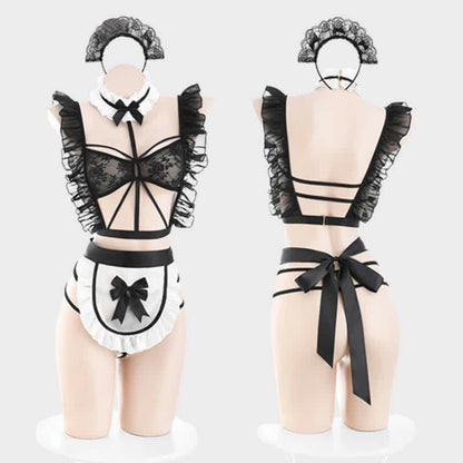 Ruffled Hollow Out Lace Up Apron Maid Lingerie Stockings Set Modakawa