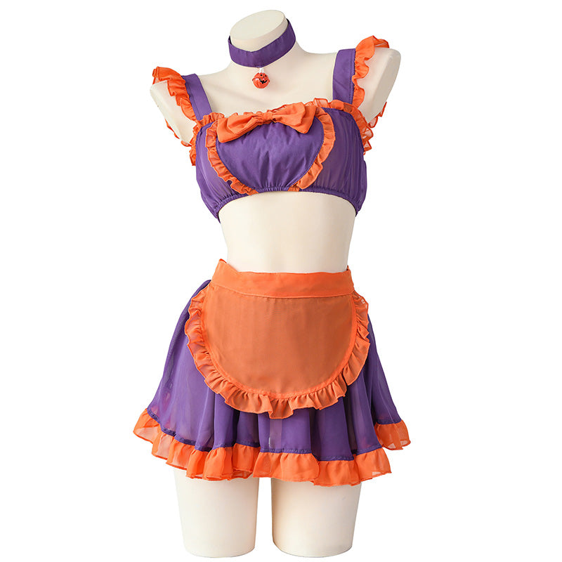 Pumpkin Bell Bow Decor Chiffon Maid Lingerie Set Modakawa