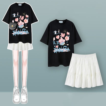 Tulip Cherry Blossom Print T-Shirt Pleated Skirt Set modakawa