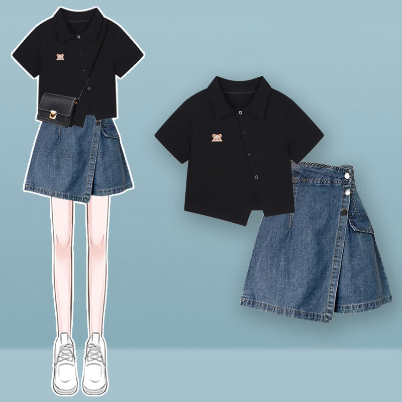 Bear Black Crop Top Polo T-Shirt Denim Shorts modakawa