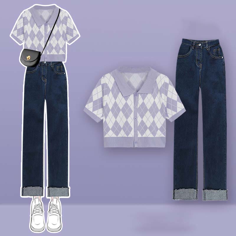 Rhombus Pattern Crop Top T-Shirt Denim Pants Set modakawa