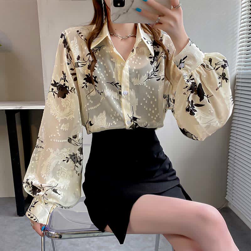 Floral Embroidery Puff Sleeve Chiffon Shirt modakawa