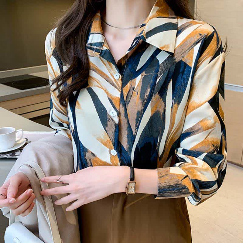 Elegant Colorblock Lapel Long Sleeve Chiffon Shirt modakawa