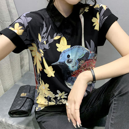 Bird Floral Print Chiffon T-Shirt Casual Shorts modakawa