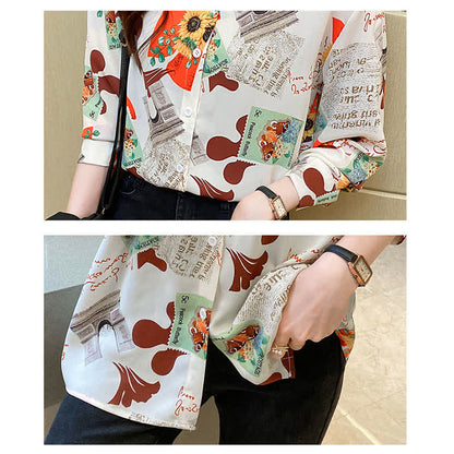 Chic Floral Letter Print Chiffon Shirt Workwear modakawa