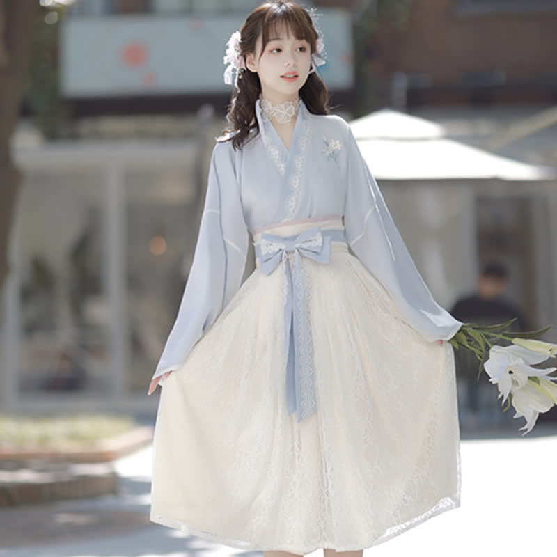 Sweet Floral Embroidery V-neck Bow Decor Dress modakawa