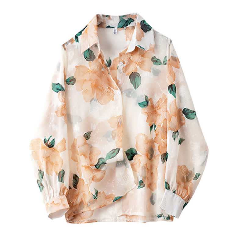 Sweet Floral Puff Sleeve Lapel Chiffon Shirt modakawa