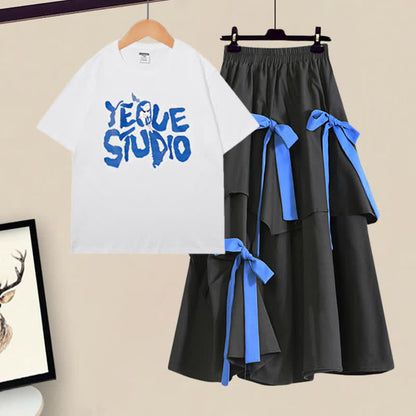 Letter Print T-Shirt Irregular Bow Decor SKirt Set modakawa