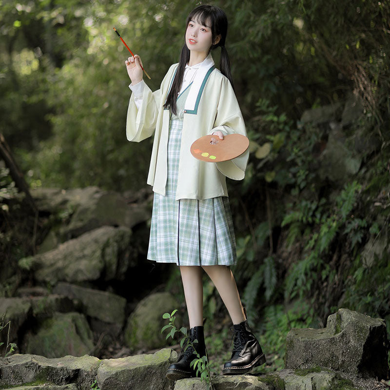 Sweet Bamboo Shirt Plaid Skirt Outerwear Set Modakawa