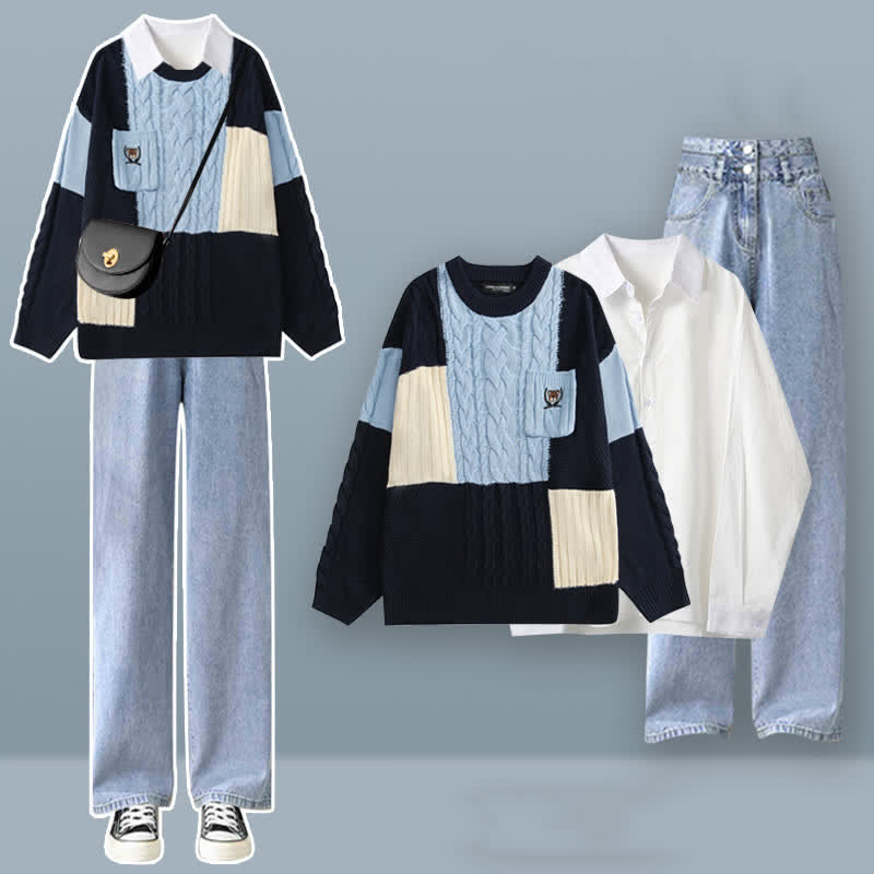 Colorblock Cable Knit Sweater Shirt Denim Pants Set Modakawa