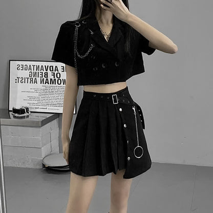 Black Chain Lapel Crop Blazer Irregular Belted Pleated Skirt modakawa