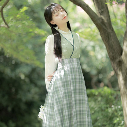 Sweet Bamboo Shirt Plaid Skirt Outerwear Set Modakawa