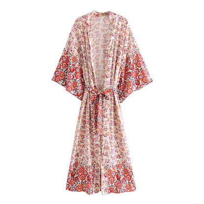 Boho Beach Print Belt Robe Long Cardigan Outerwear modakawa