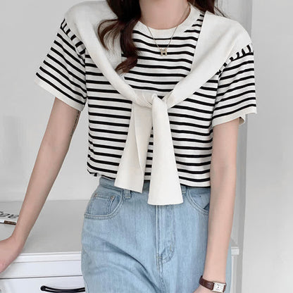 Chic Stripe Round Collar T-Shirt Denim Skirt modakawa