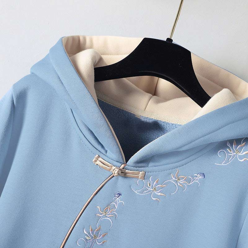 Blue Embroidery Loose Hoodie Vintage Sweatshirt Dress Modakawa