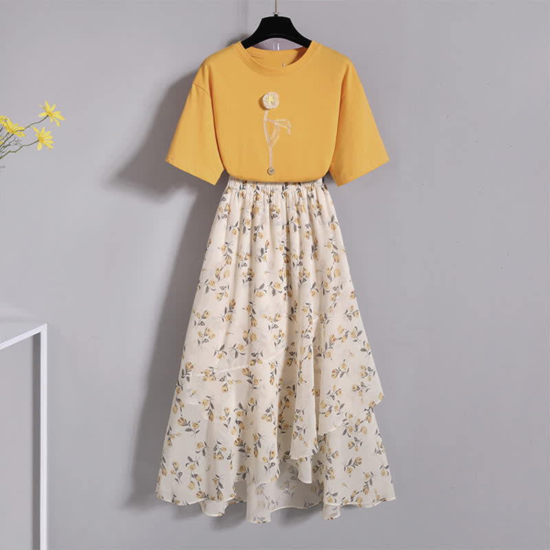 Yellow Flower Embroidery T-Shirt Floral Print Skirt modakawa