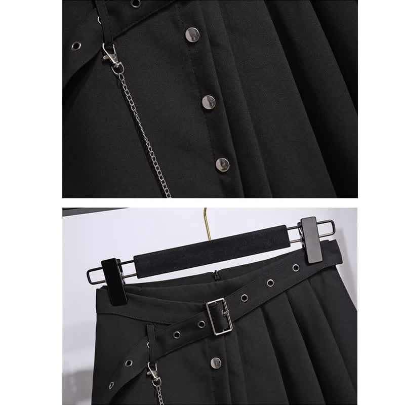 Black Chain Lapel Crop Blazer Irregular Belted Pleated Skirt modakawa