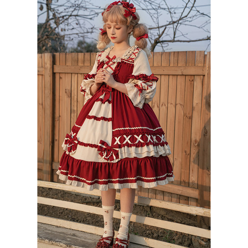 Red Bow Knot Decor Lace Up Lolita Dress modakawa