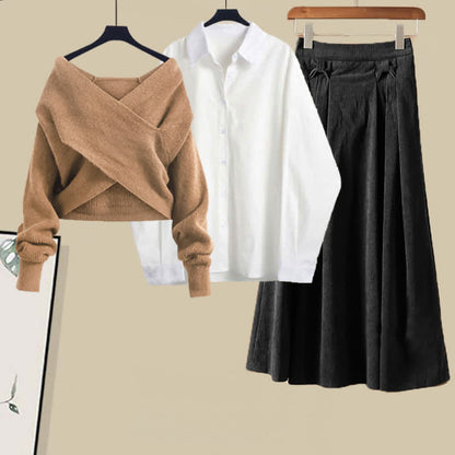 Cross Knit Sweater Lapel Shirt Pleated Skirt Set modakawa