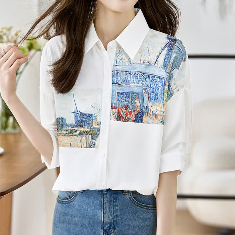 Vintage Painting Blue House Shirt modakawa