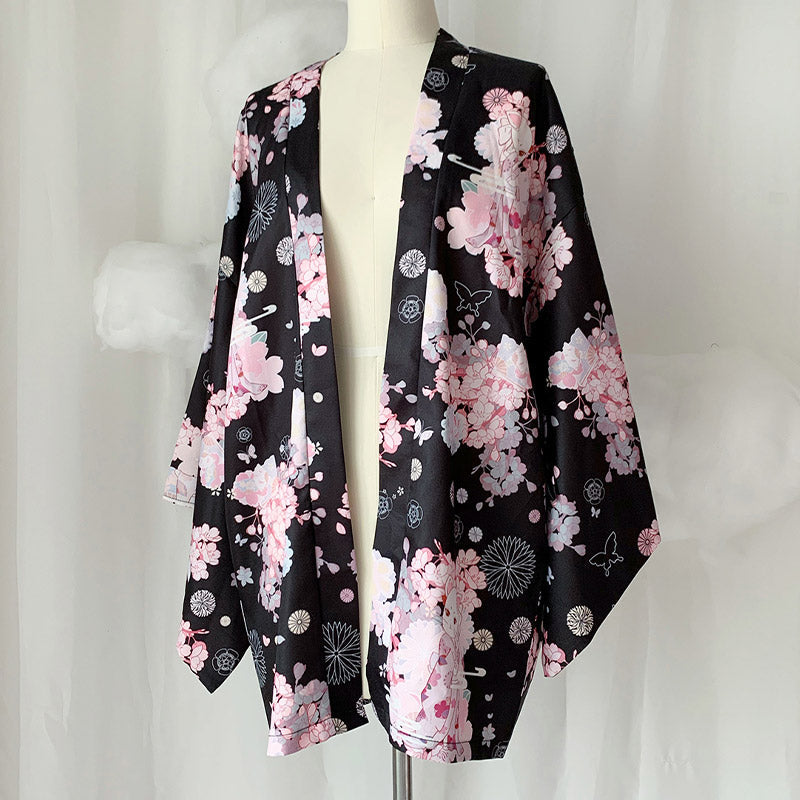 Cat Sakura Print Loose Cardigan Kimono Outerwear modakawa