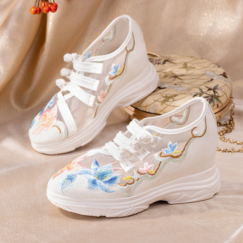 Sweet Blossom Print Buckle Mesh Platform High Heels Shoes Modakawa