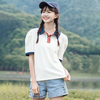 Colorblock Lapel T-Shirt Belted Denim Shorts modakawa